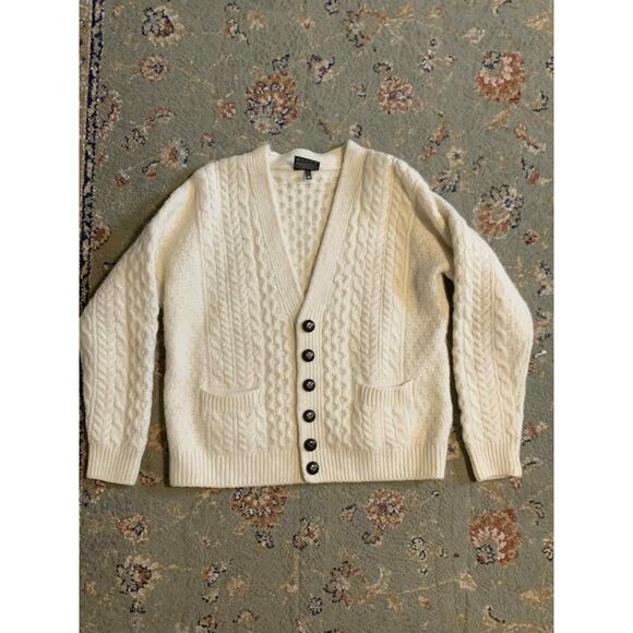 Aran V-Neck Cream Cable Knit Brown Button Merino Wool Cardigan w/ Pockets, M - Picture 2 of 6